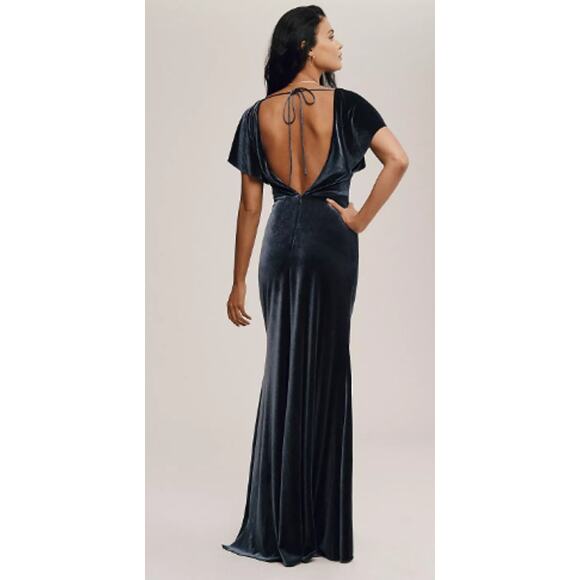 Anthro Jenny Yoo Ellis Light Blue Flutter Sleeve Open Back Velvet Dress Gown 10 - Picture 4 of 14